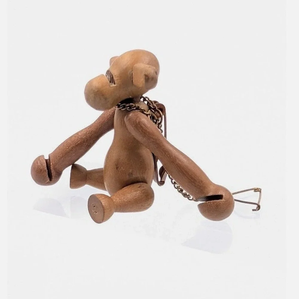 Vintage Zoo Line Japan Monkey Brooch Built in Pin-Chain Wooden‎ Articulated MCM